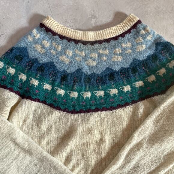 Vintage 80s Woolrich Wool Sheep Fair Isle Sweater M/L Cottagecore Farm Animal - Picture 2 of 6